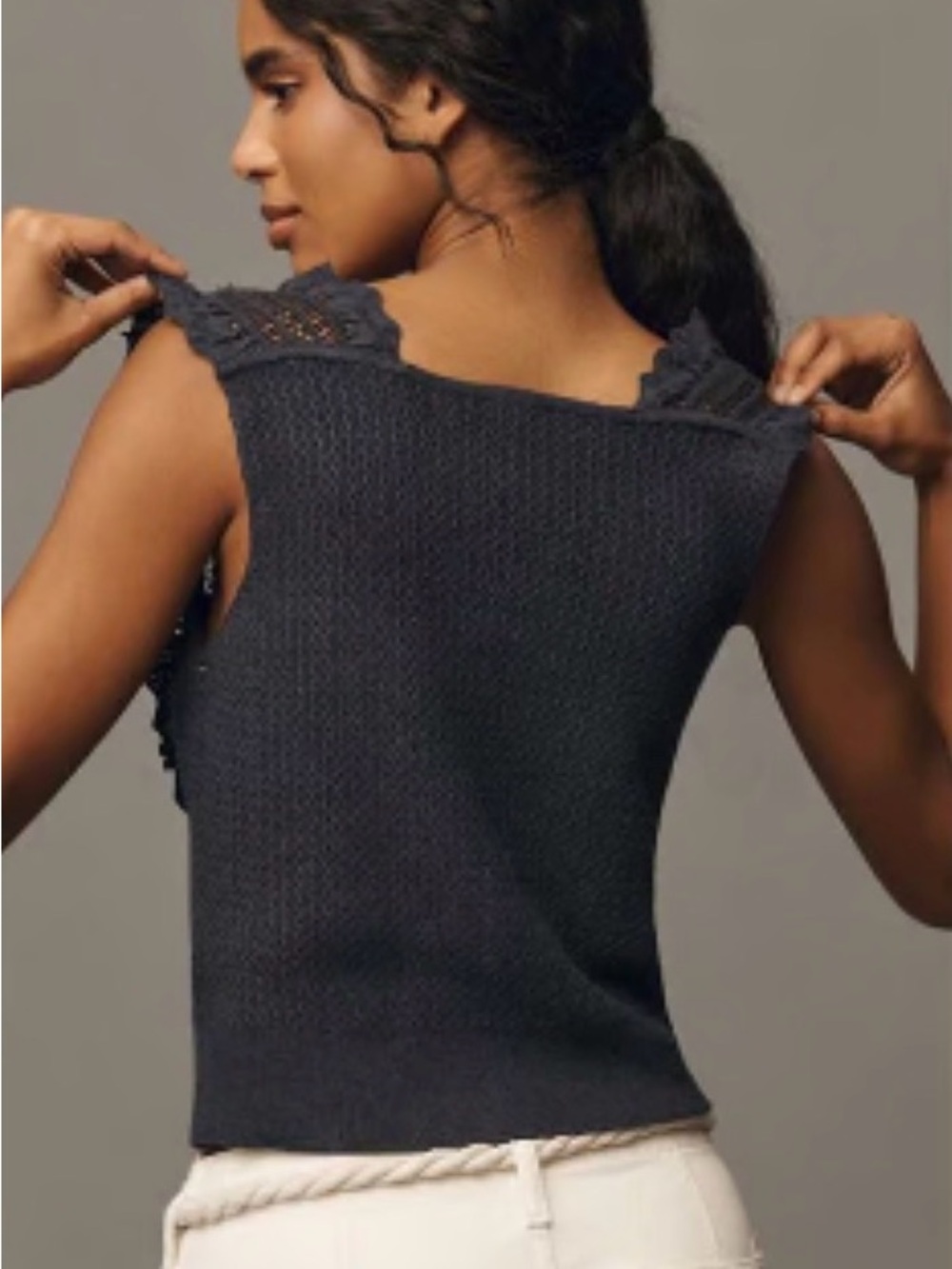 Anthropologie | Pilcro Navy Ruffled Knit Button top - Picture 2 of 6